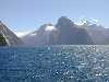 View of the Milford Sound fiord from the cruise boat at the beginning of the cruise to the sea.